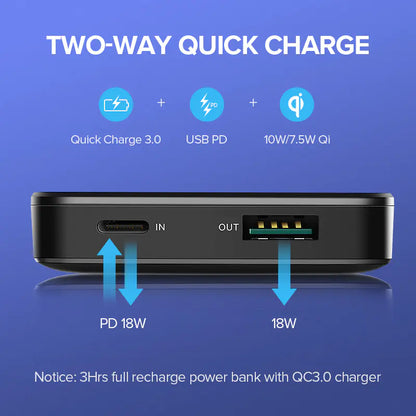 Carregador portátil sem fios com carregamento rápido – Saída dupla de 10.000 mAh