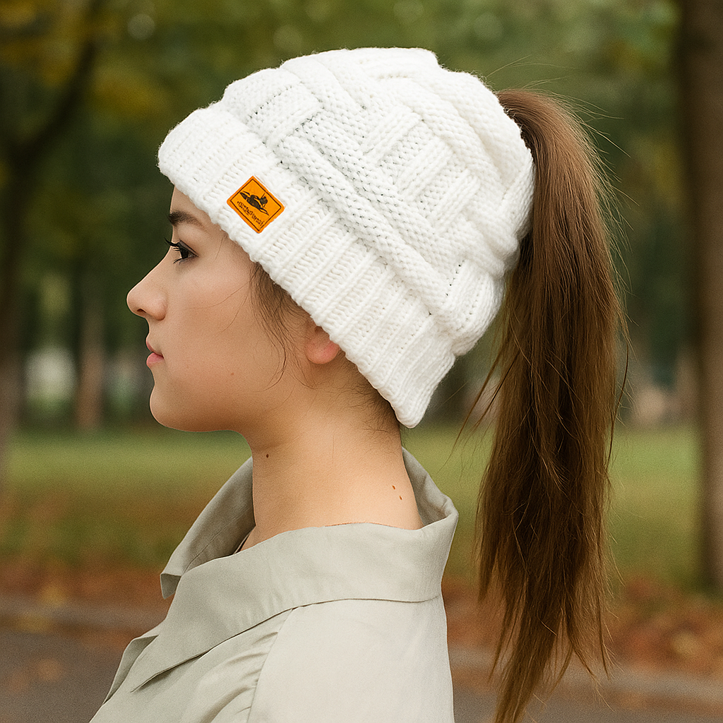 Damen Winter Strickmütze mit Zopfmuster und Pferdeschwanzöffnung