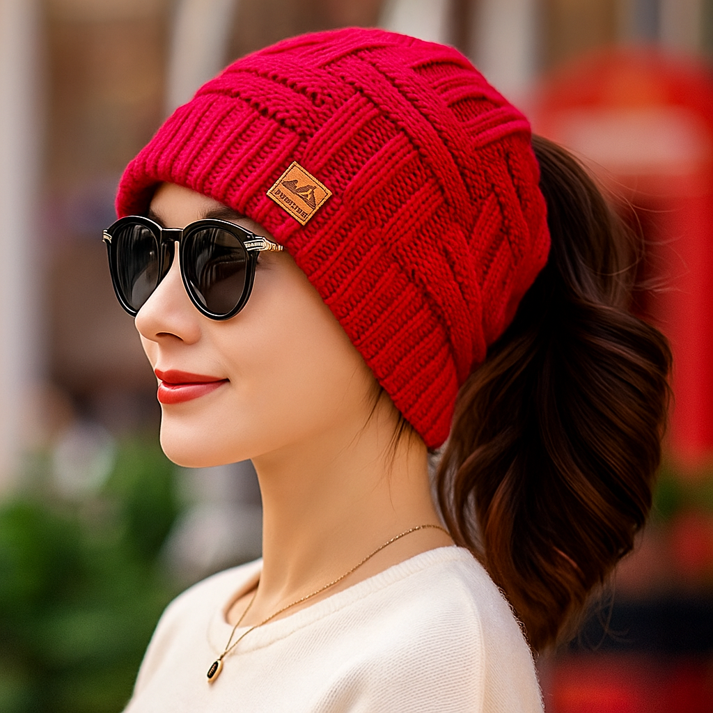 Damen Winter Strickmütze mit Zopfmuster und Pferdeschwanzöffnung