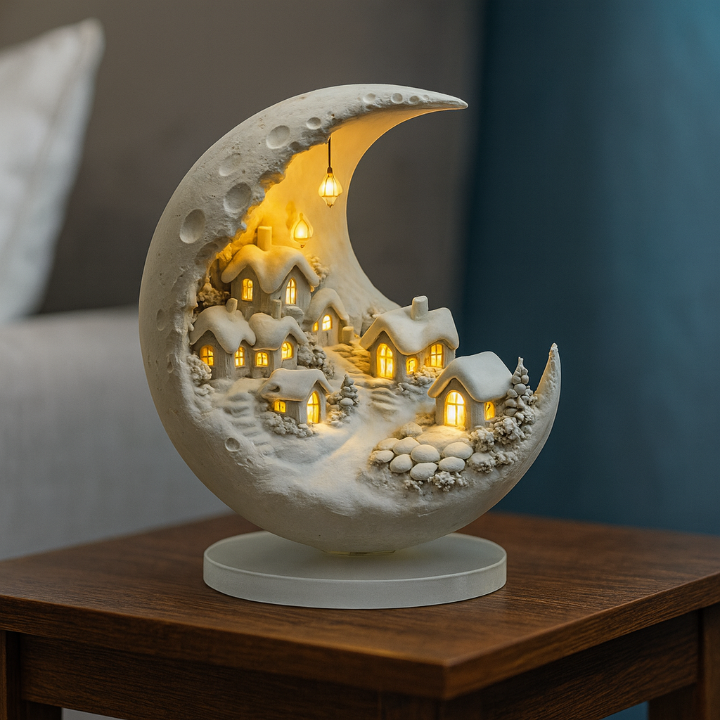 Decoração lunar iluminada com paisagem de uma aldeia de inverno