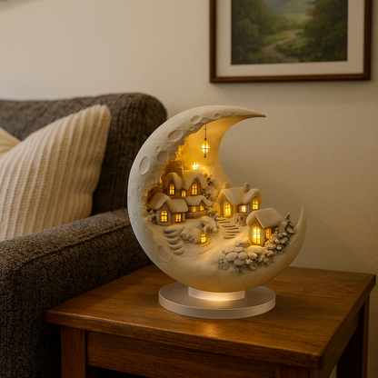 Decoração lunar iluminada com paisagem de uma aldeia de inverno