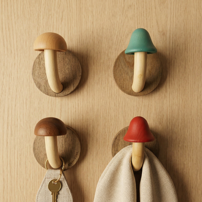 Percheros de pared con forma de seta de madera maciza en un práctico juego de cuatro