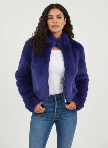 Damen Kurze Jacke mit Weicher Oberfläche und Reißverschluss
