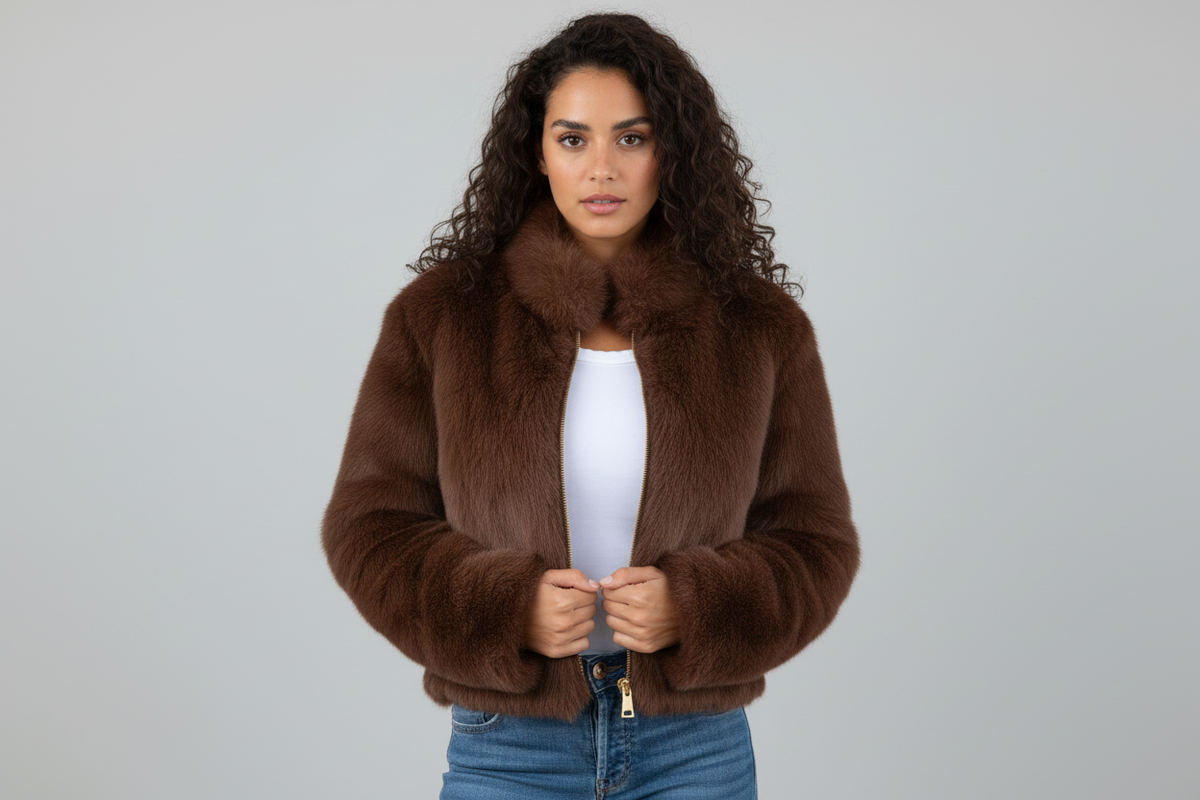 Damen Kurze Jacke mit Weicher Oberfläche und Reißverschluss