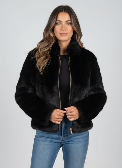 Damen Kurze Jacke mit Weicher Oberfläche und Reißverschluss