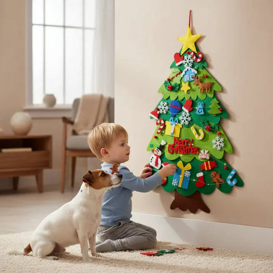 Gran árbol de Navidad de fieltro para niños con 32 adornos desmontables y guirnalda de luces LED