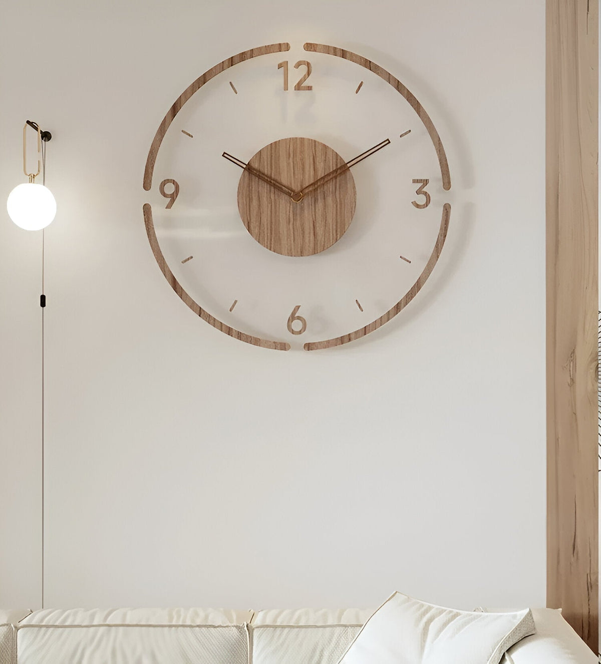 Geräuschlose Wanduhr mit Holzrahmen und transparentem Zifferblatt