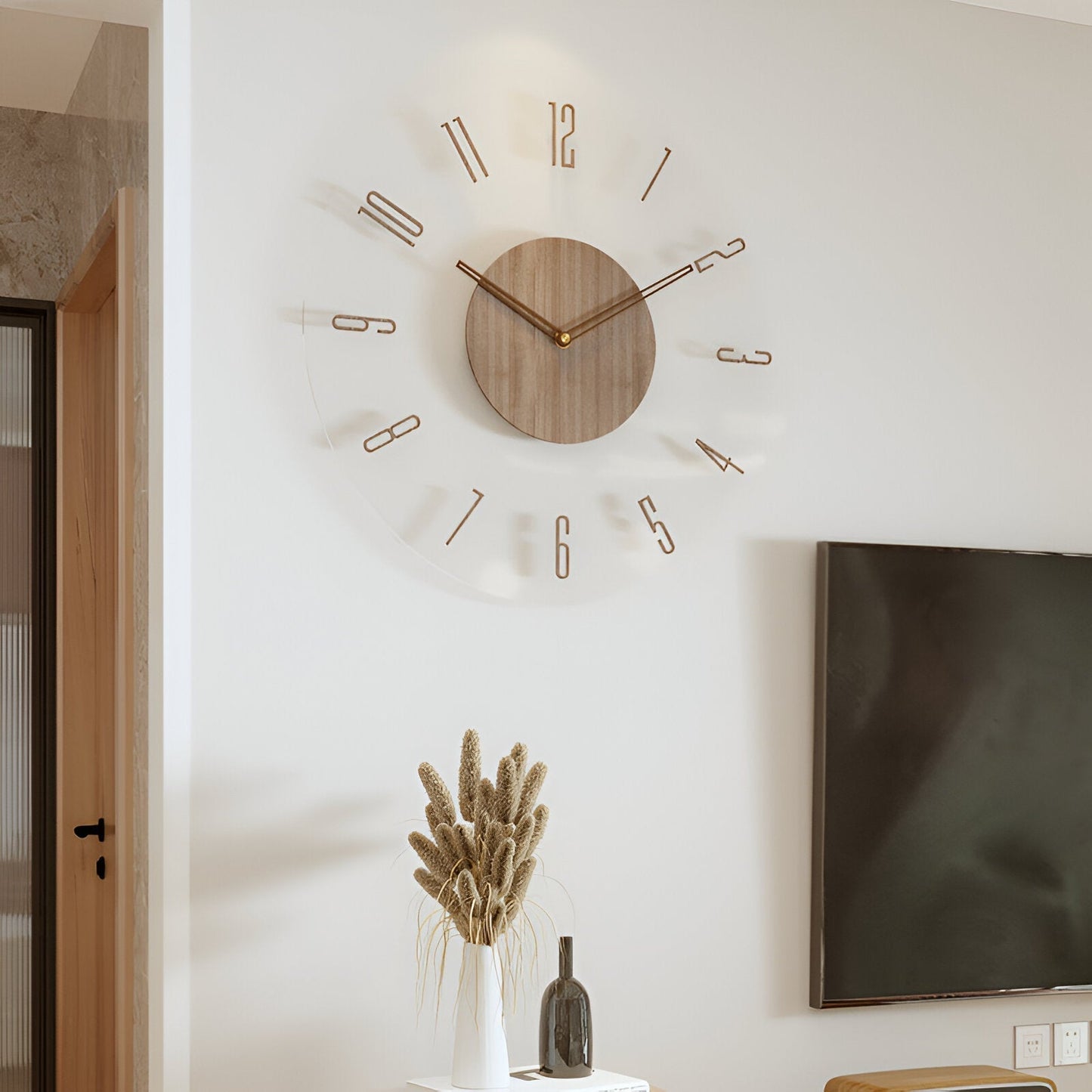Geräuschlose Wanduhr mit Holzrahmen und transparentem Zifferblatt