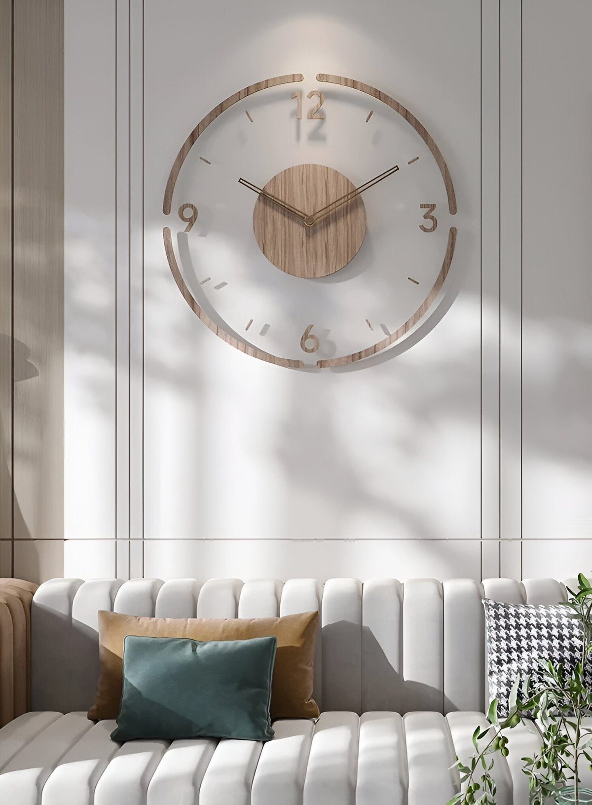 Geräuschlose Wanduhr mit Holzrahmen und transparentem Zifferblatt
