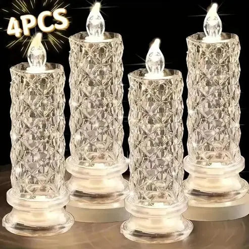 Conjunto de 4 velas LED decorativas com visual de cristal e luz branca quente