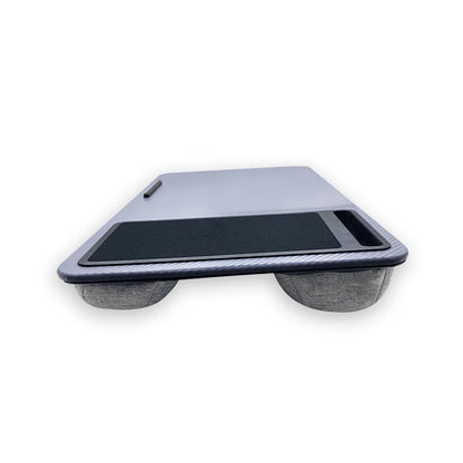 Secretária portátil para computador portátil com suporte para dispositivos e pega de transporte