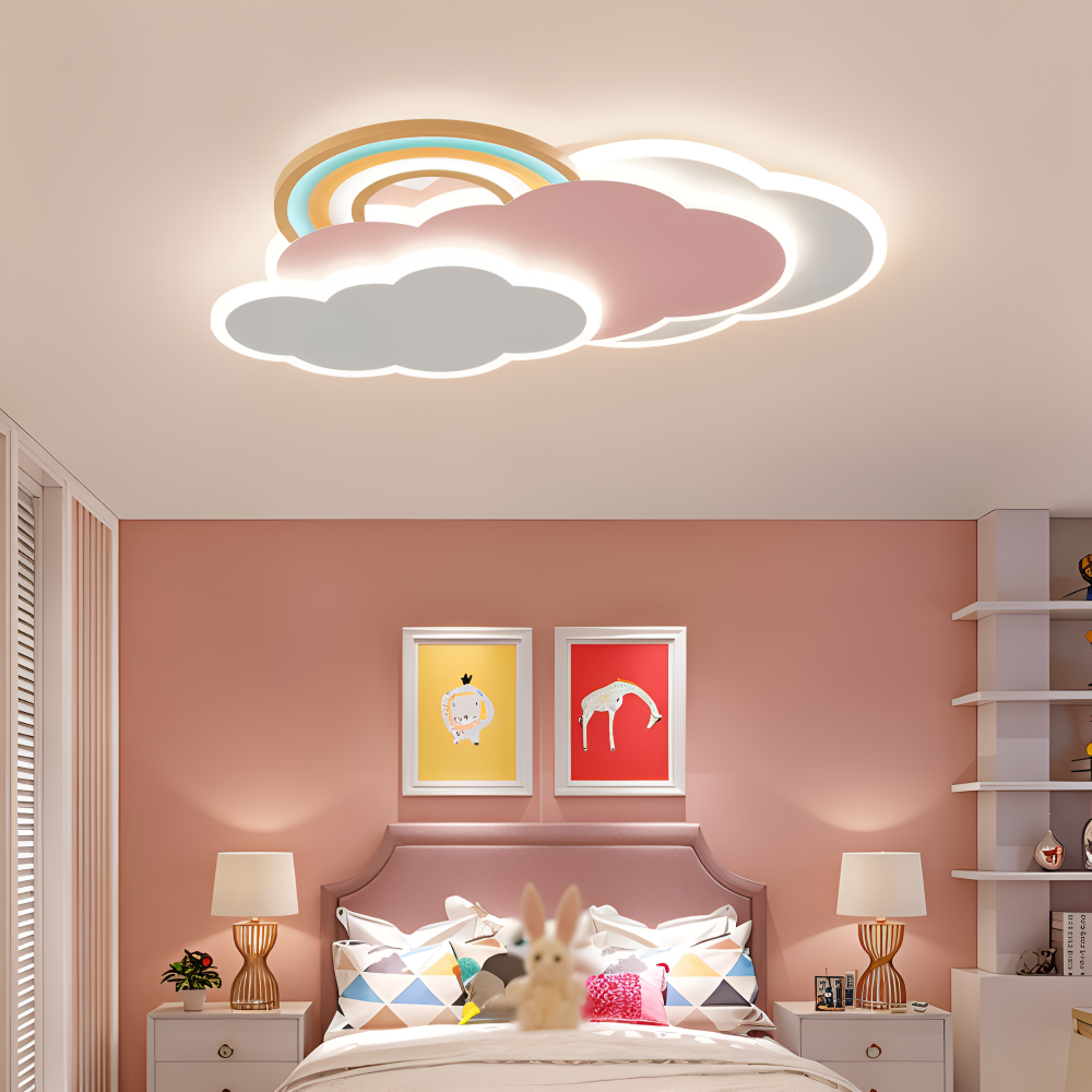 Dimmable LED-Deckenlampe mit Wolken und Regenbogen Motiv