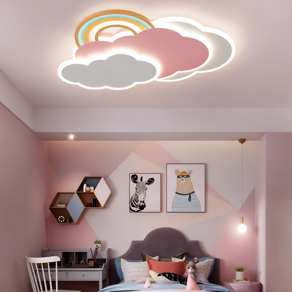 Dimmable LED-Deckenlampe mit Wolken und Regenbogen Motiv