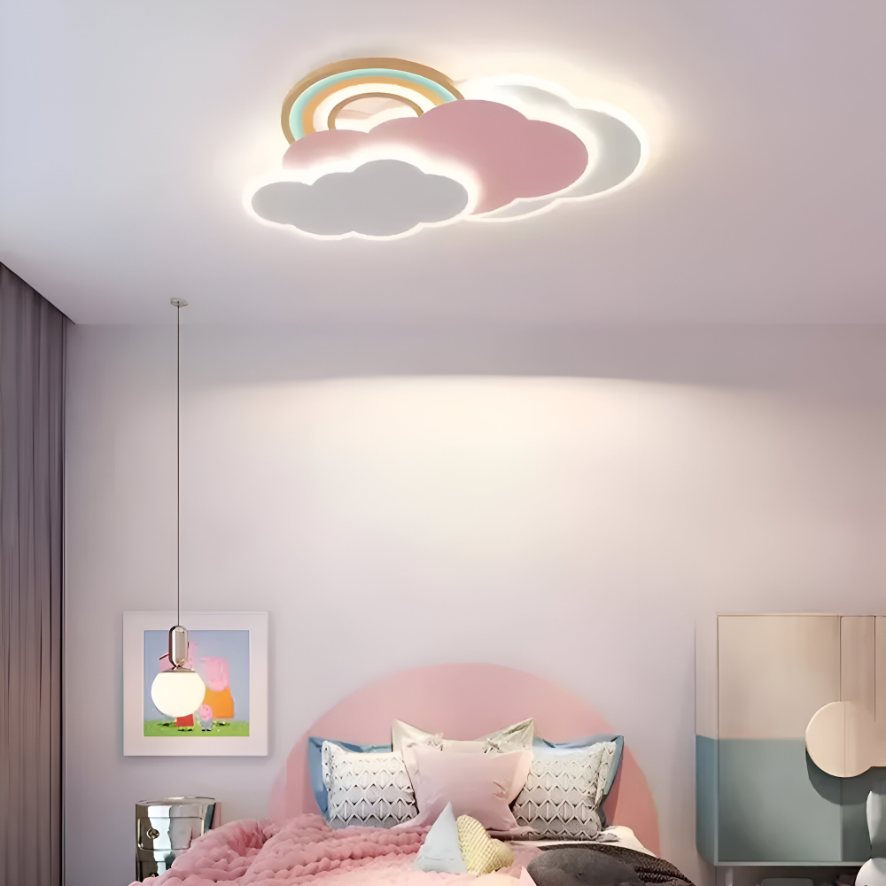 Dimmable LED-Deckenlampe mit Wolken und Regenbogen Motiv