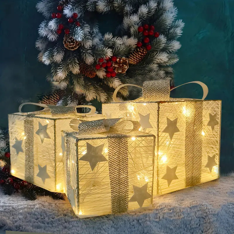 Conjunto de 3 caixas-presente LED para decoração de Natal