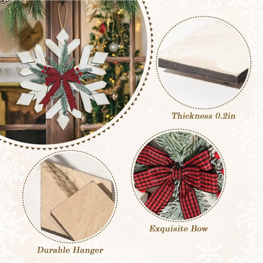 Decoración de pared rústica con copos de nieve, ramas de abeto y lazo de cuadros