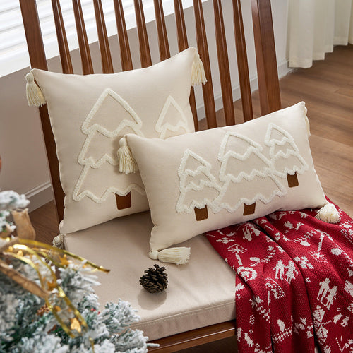 Funda de cojín decorativa con motivo de árbol de Navidad y borlas
