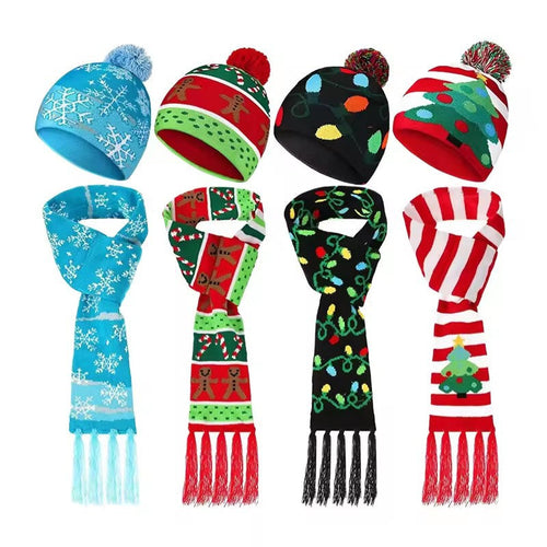 Set de gorro de invierno y bufanda con estampados navideños