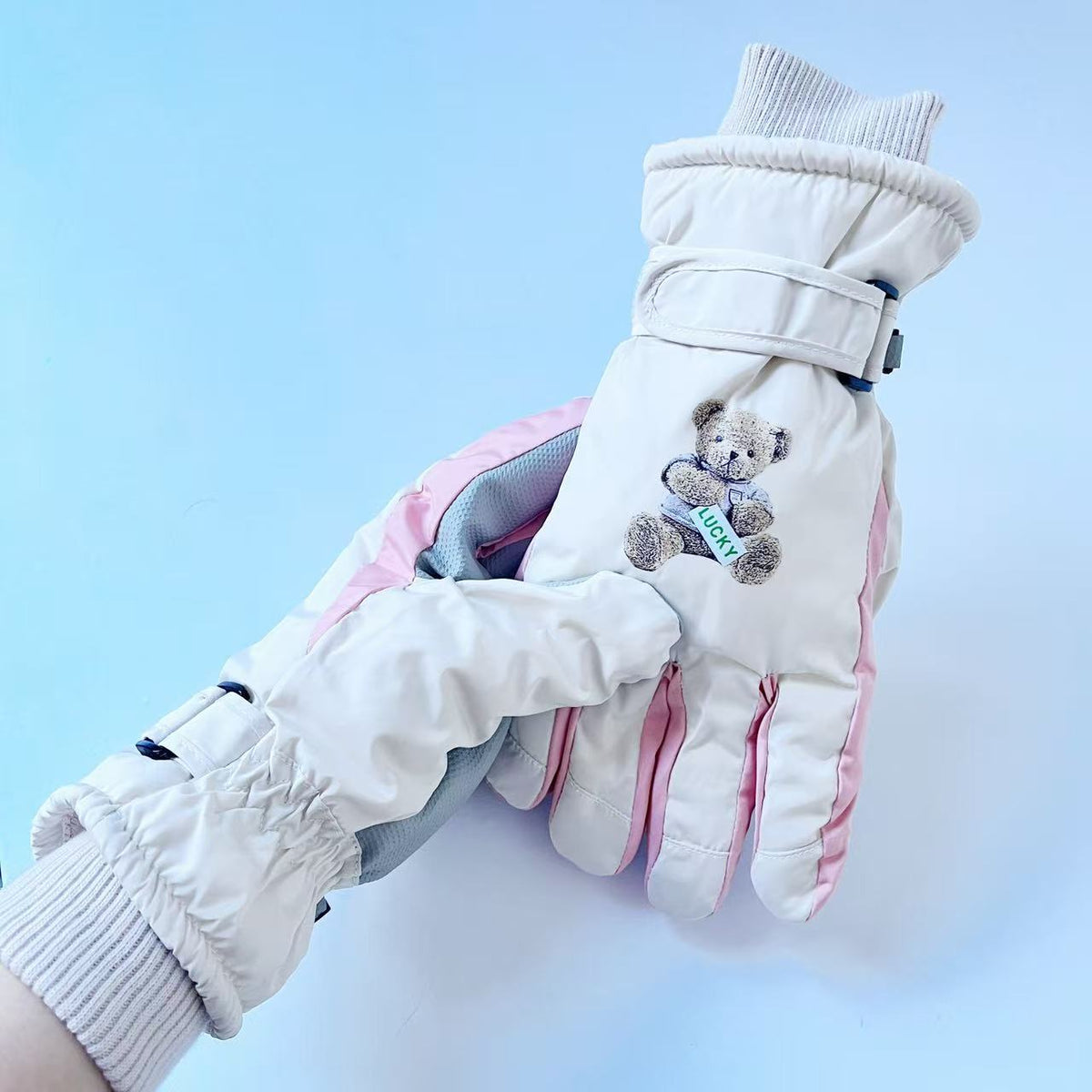 Guantes de invierno con bordado de osito de peluche y puños ajustables