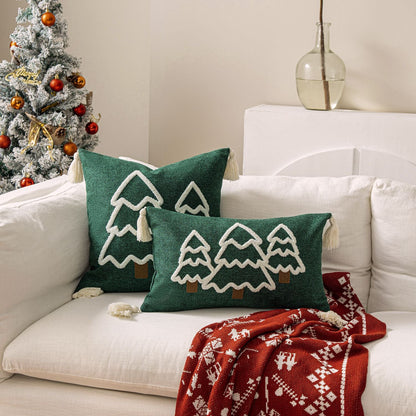Funda de cojín decorativa con motivo de árbol de Navidad y borlas