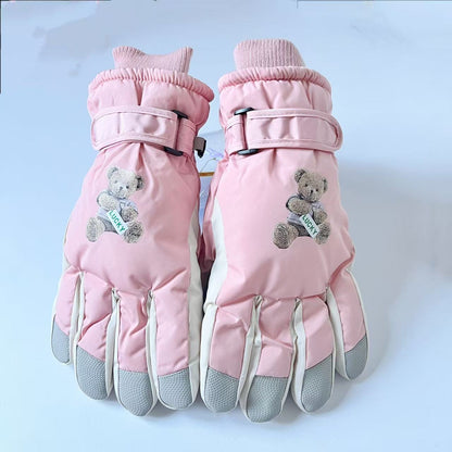 Guantes de invierno con bordado de osito de peluche y puños ajustables