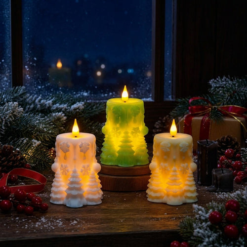 Vela decorativa LED festiva con diseño en relieve invernal