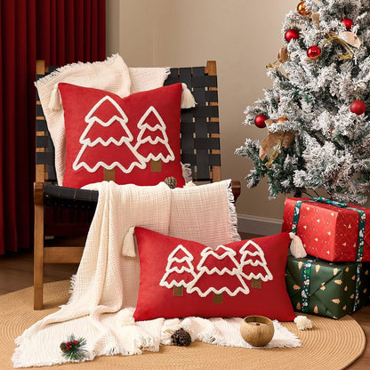 Funda de cojín decorativa con motivo de árbol de Navidad y borlas