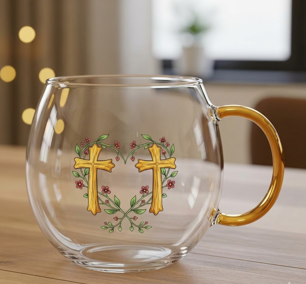 Caneca festiva de vidro para o Natal com decoração detalhada de aldeia de inverno