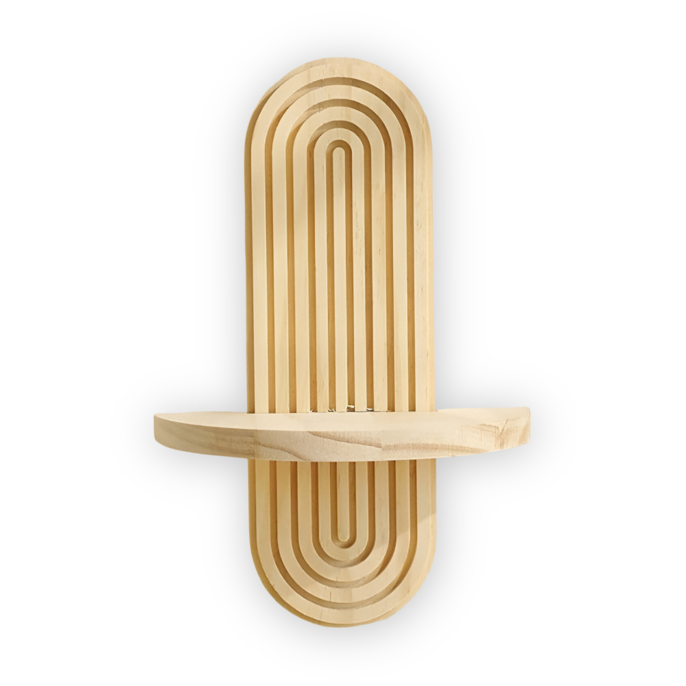 Geometrisches Wandregal aus Holz mit dekorativer Bogenstruktur
