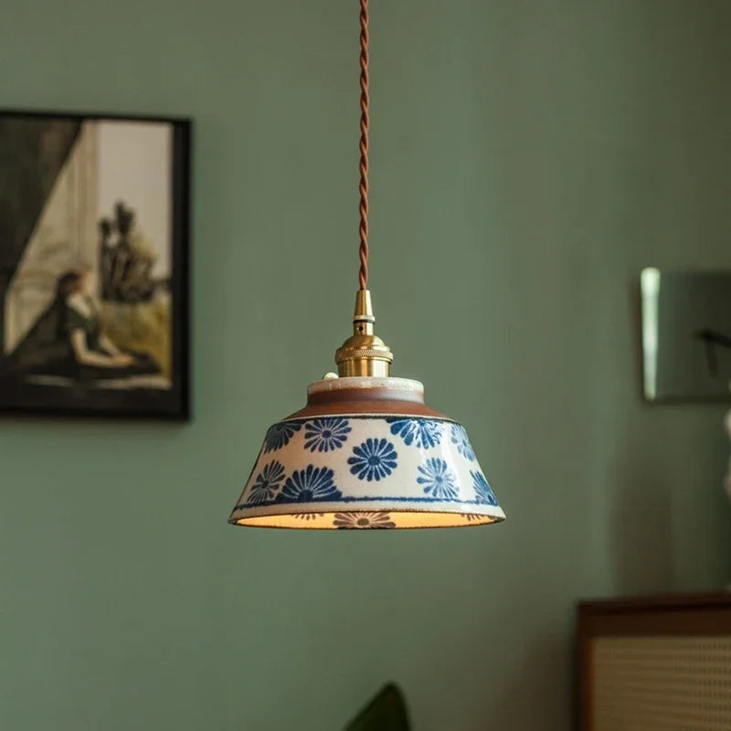 Lámpara colgante de cerámica con estampado floral