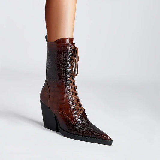 Botas con cordones para mujer con relieve de cocodrilo – Estilo western con cordones