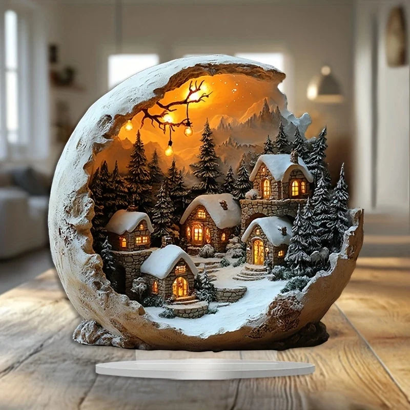 Decoração iluminada de aldeia natalícia com cenário de inverno