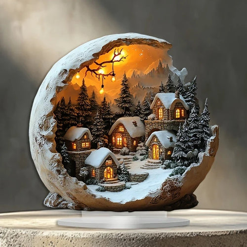 Decoração iluminada de aldeia natalícia com cenário de inverno