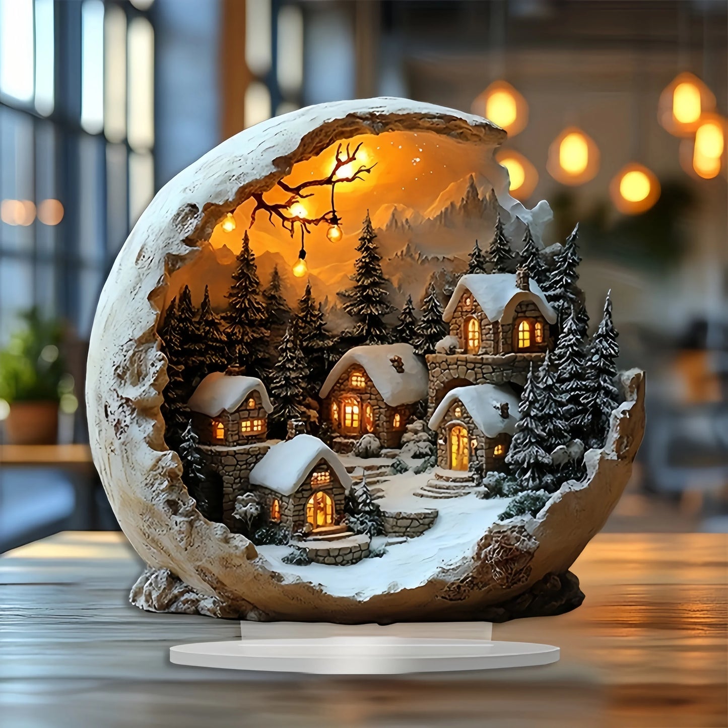 Decoração iluminada de aldeia natalícia com cenário de inverno