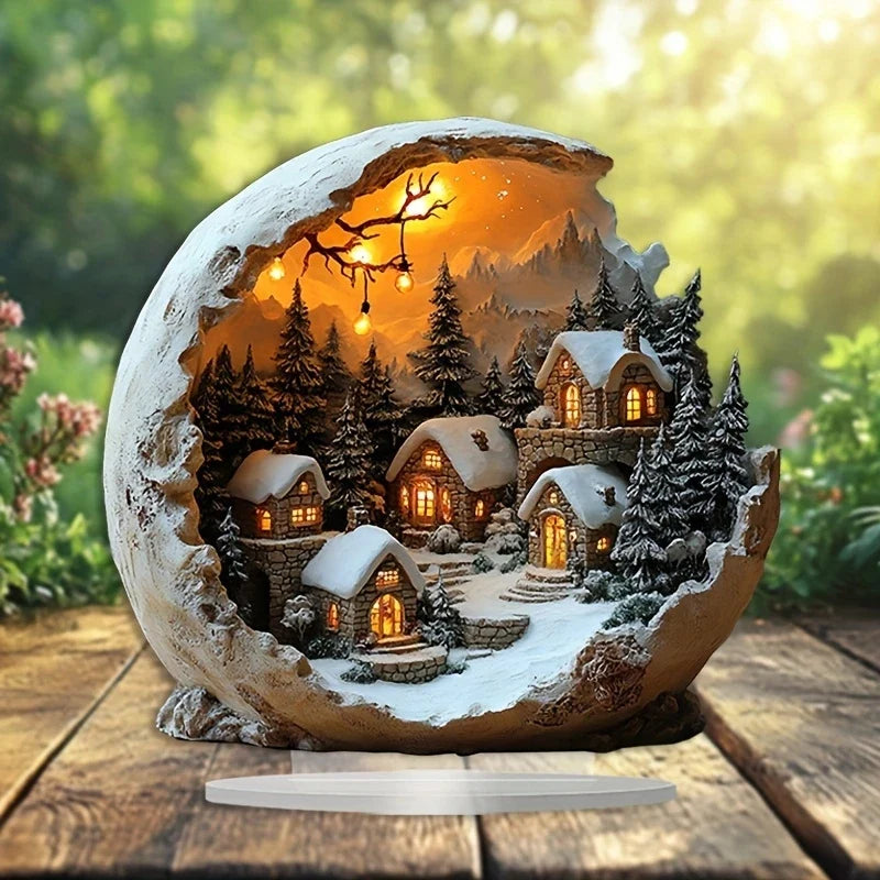 Decoração iluminada de aldeia natalícia com cenário de inverno