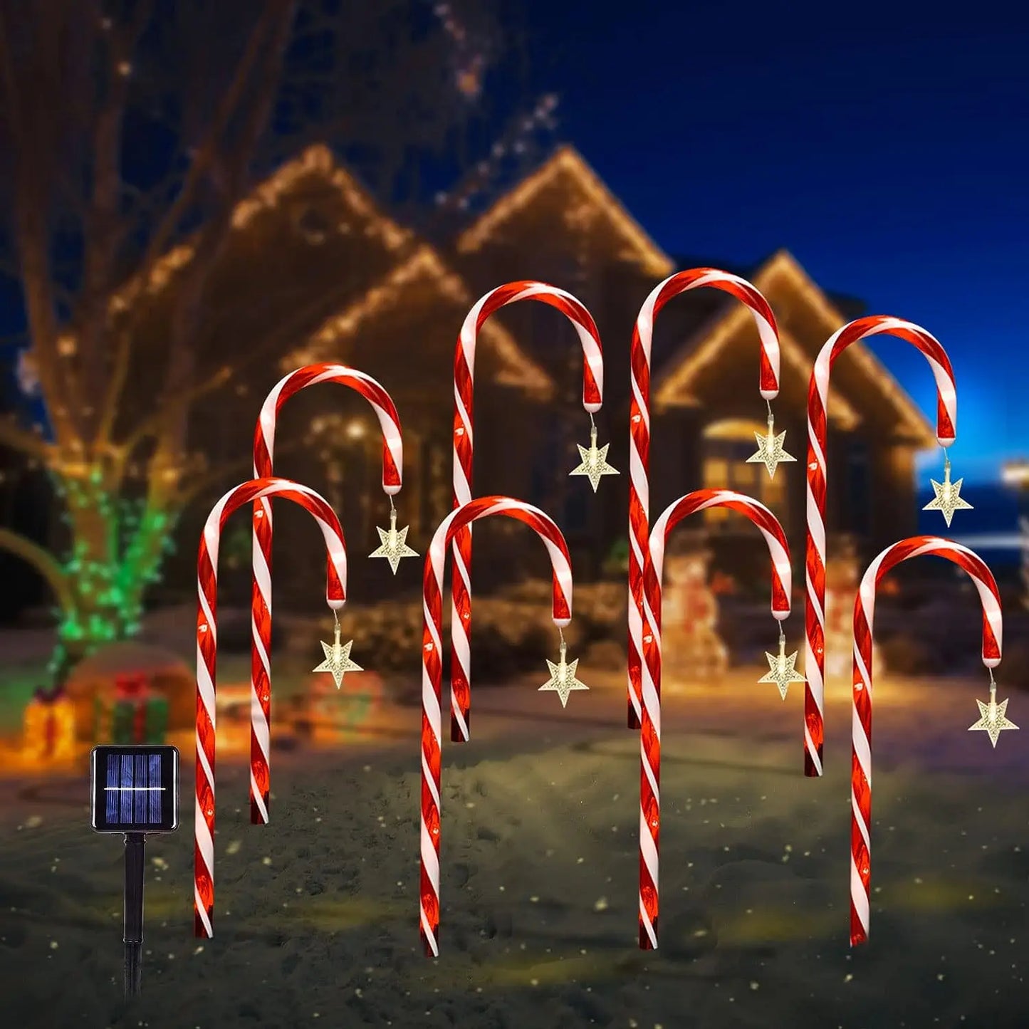 Luces solares navideñas con forma de palito de caramelo: una decoración radiante para las noches festivas.