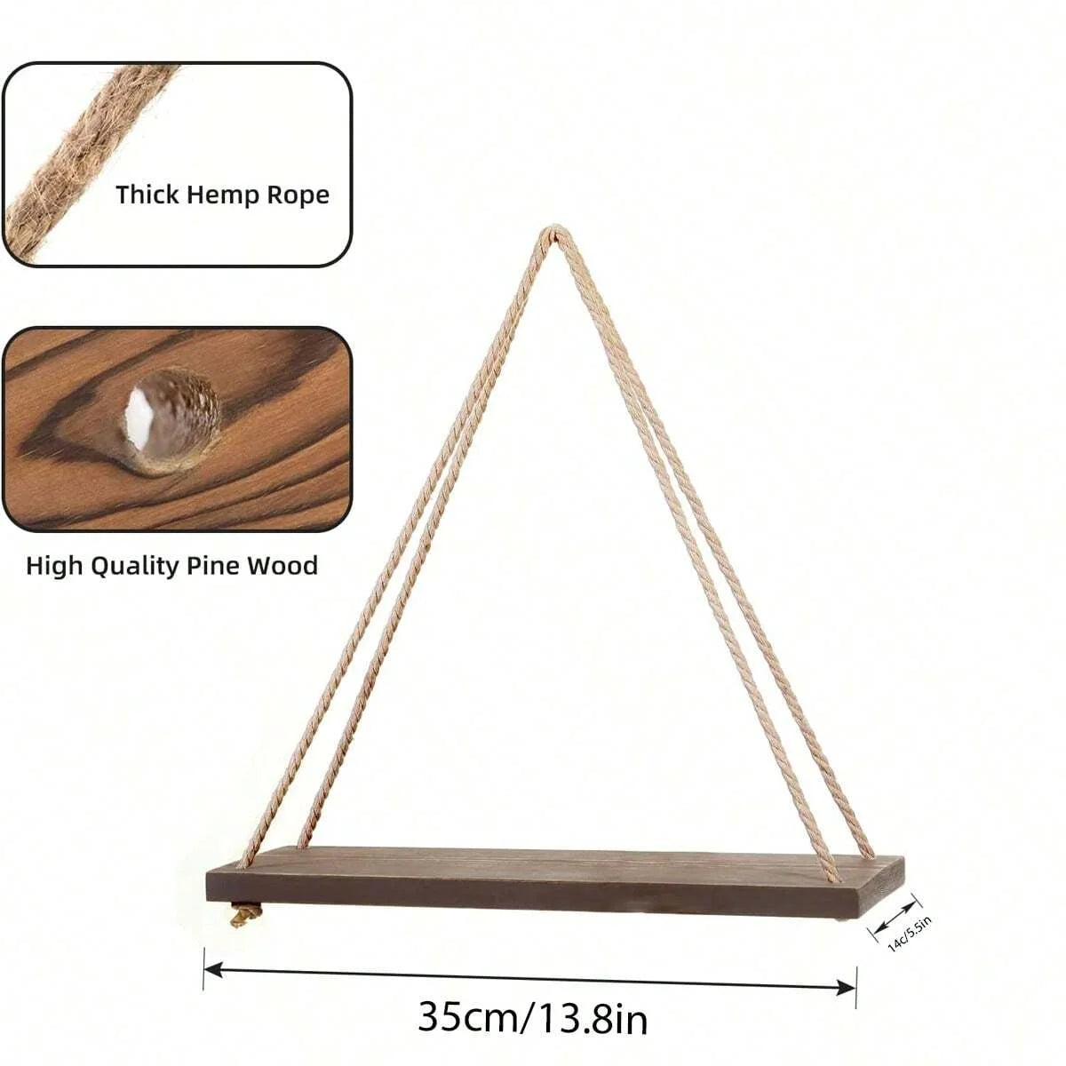 Hängendes Wandregal aus Holz mit Seil