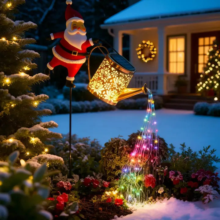 Regador de Natal a energia solar com Pai Natal e cascata de luzes LED multicoloridas