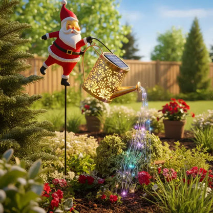 Regador de Natal a energia solar com Pai Natal e cascata de luzes LED multicoloridas