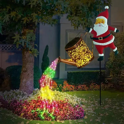 Regador de Natal a energia solar com Pai Natal e cascata de luzes LED multicoloridas