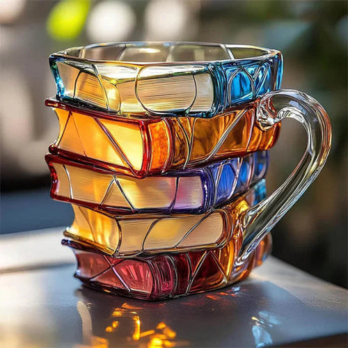 Taza de vidrio colorida en 3D con forma de pila de libros y asa