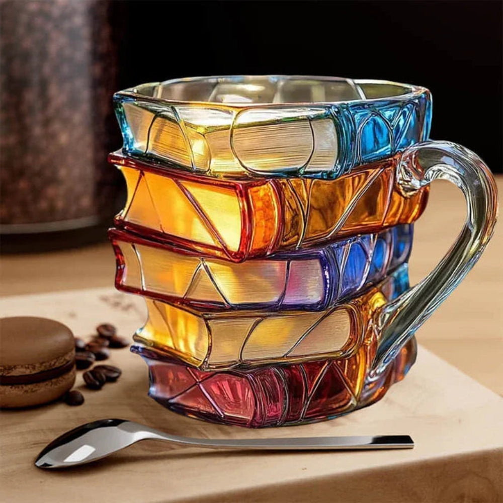 Taza de vidrio colorida en 3D con forma de pila de libros y asa