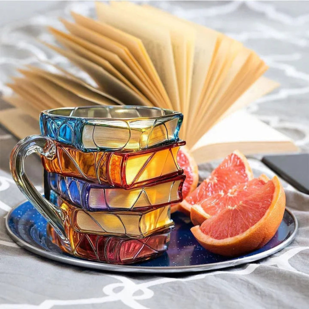Taza de vidrio colorida en 3D con forma de pila de libros y asa