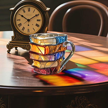 Taza de vidrio colorida en 3D con forma de pila de libros y asa