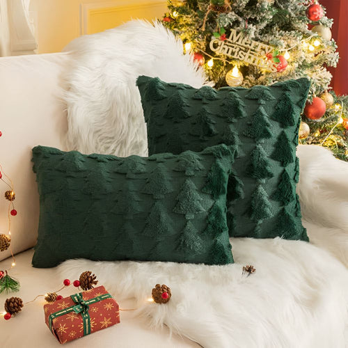 Funda de cojín de felpa con estampado de árbol de Navidad