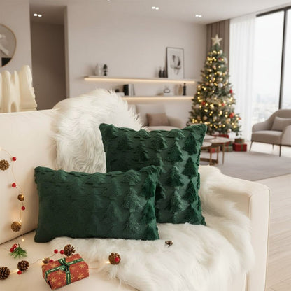 Funda de cojín de felpa con estampado de árbol de Navidad