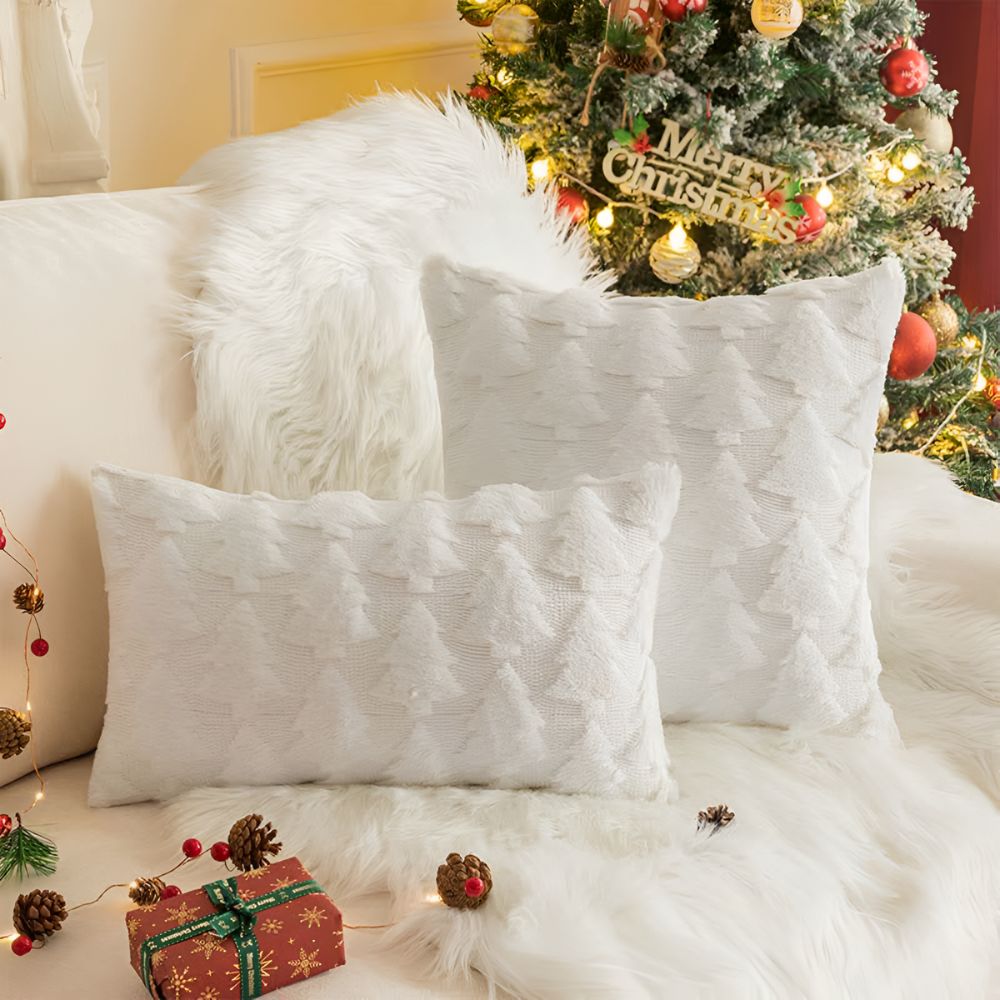 Funda de cojín de felpa con estampado de árbol de Navidad