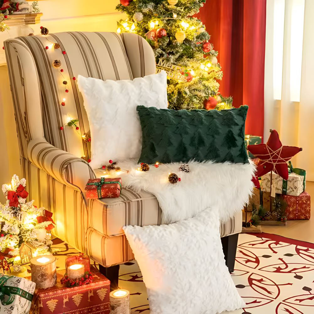 Funda de cojín de felpa con estampado de árbol de Navidad