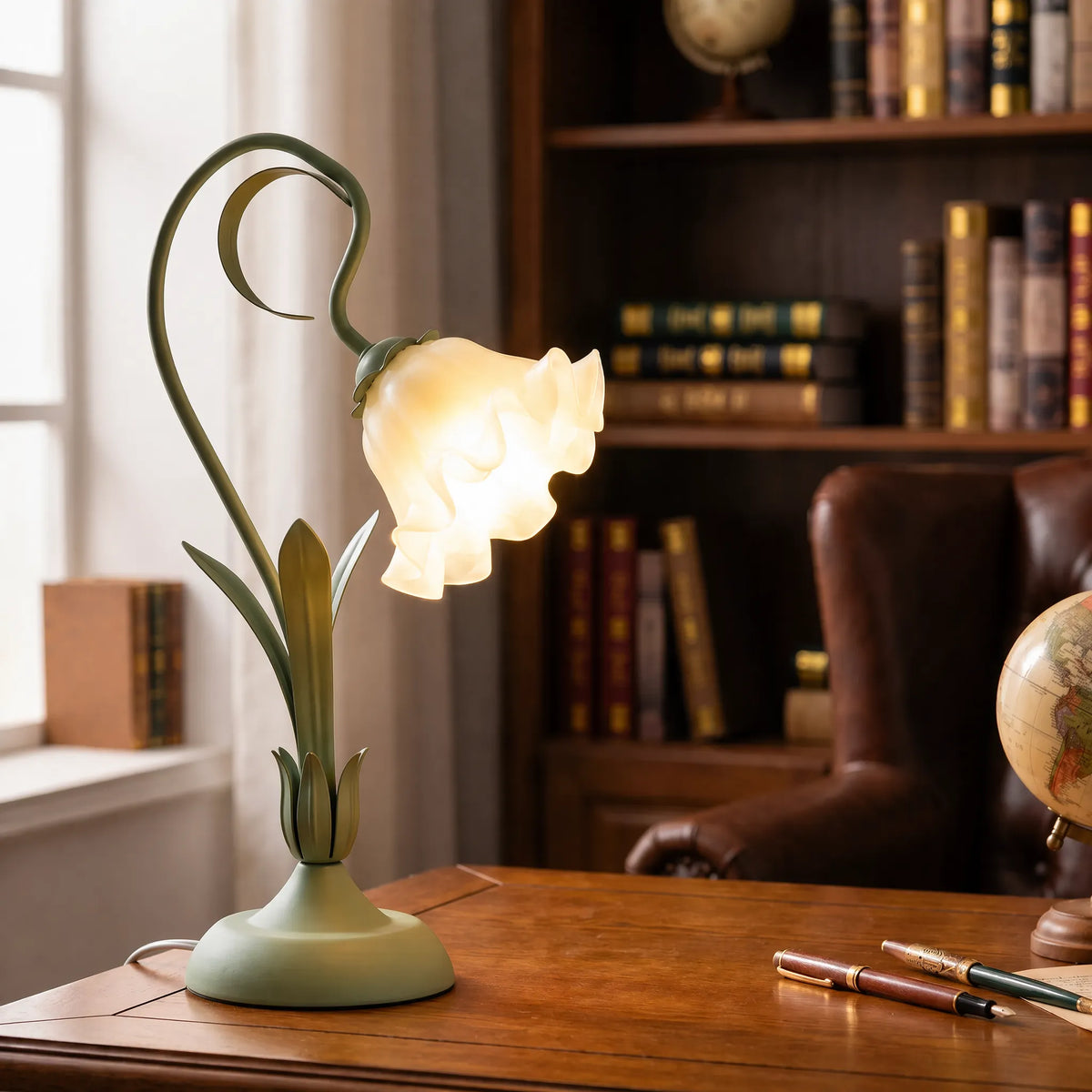 Lámpara de mesa decorativa con diseño vegetal curvado y flores