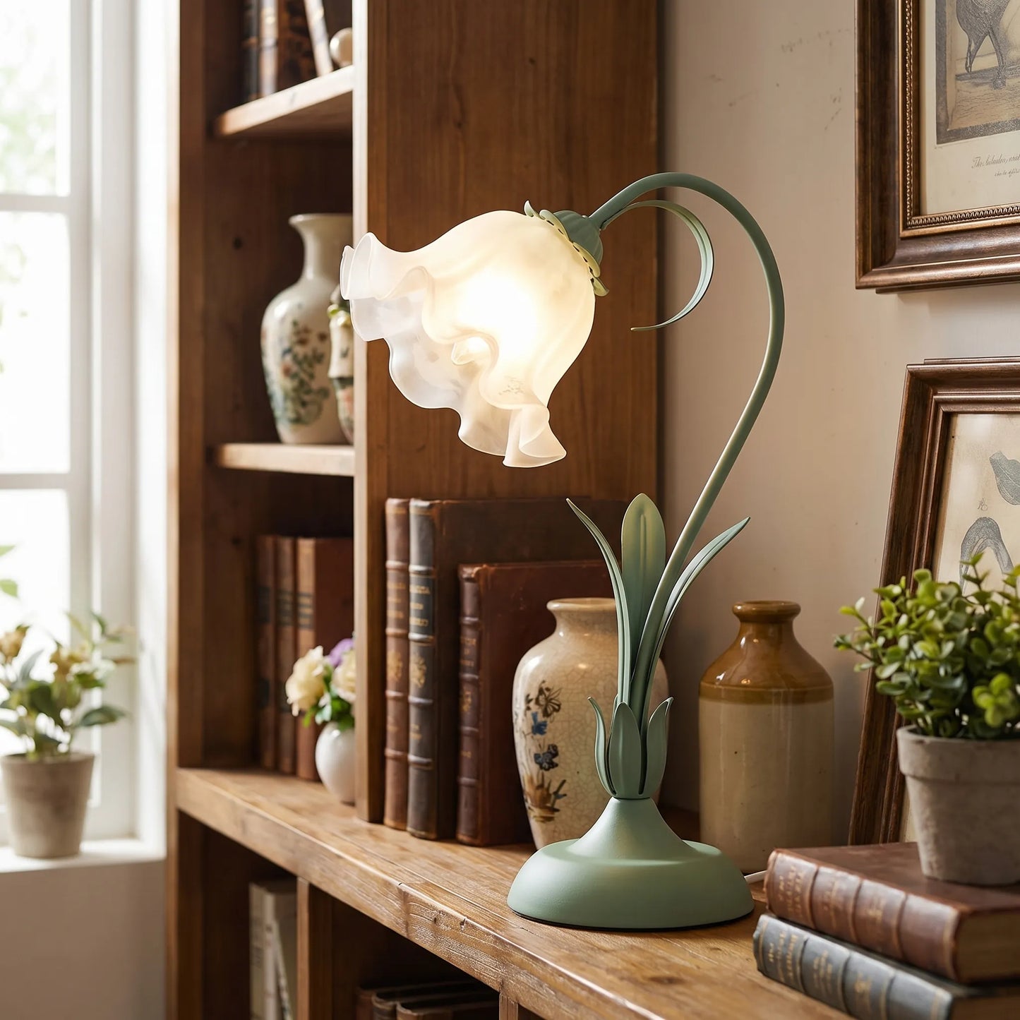 Lámpara de mesa decorativa con diseño vegetal curvado y flores